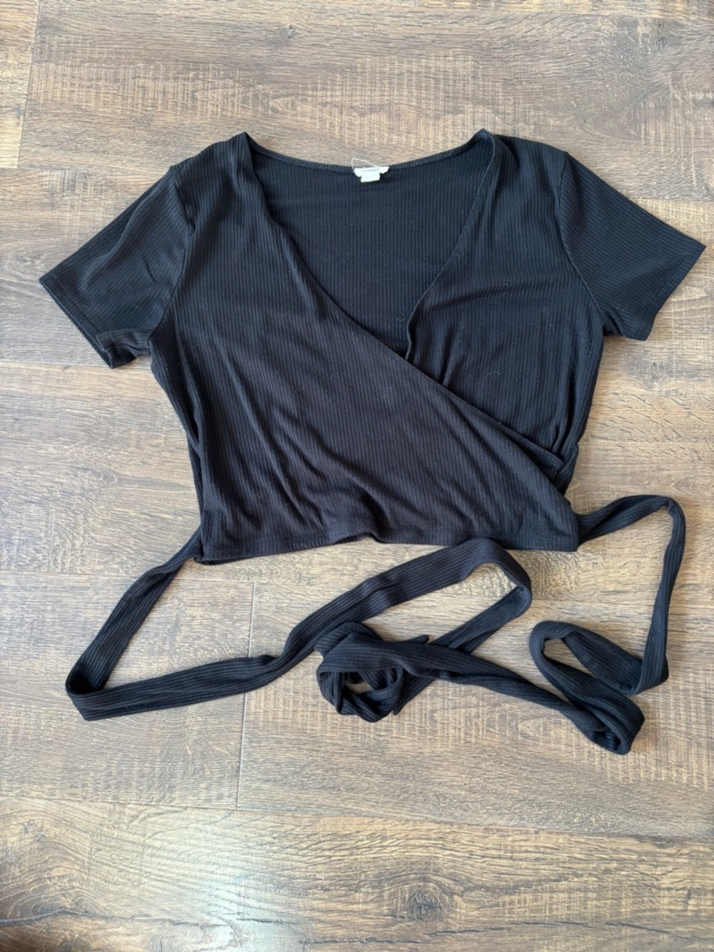 Garage Black Ribbed Wrap Crop Top with Waist Ties